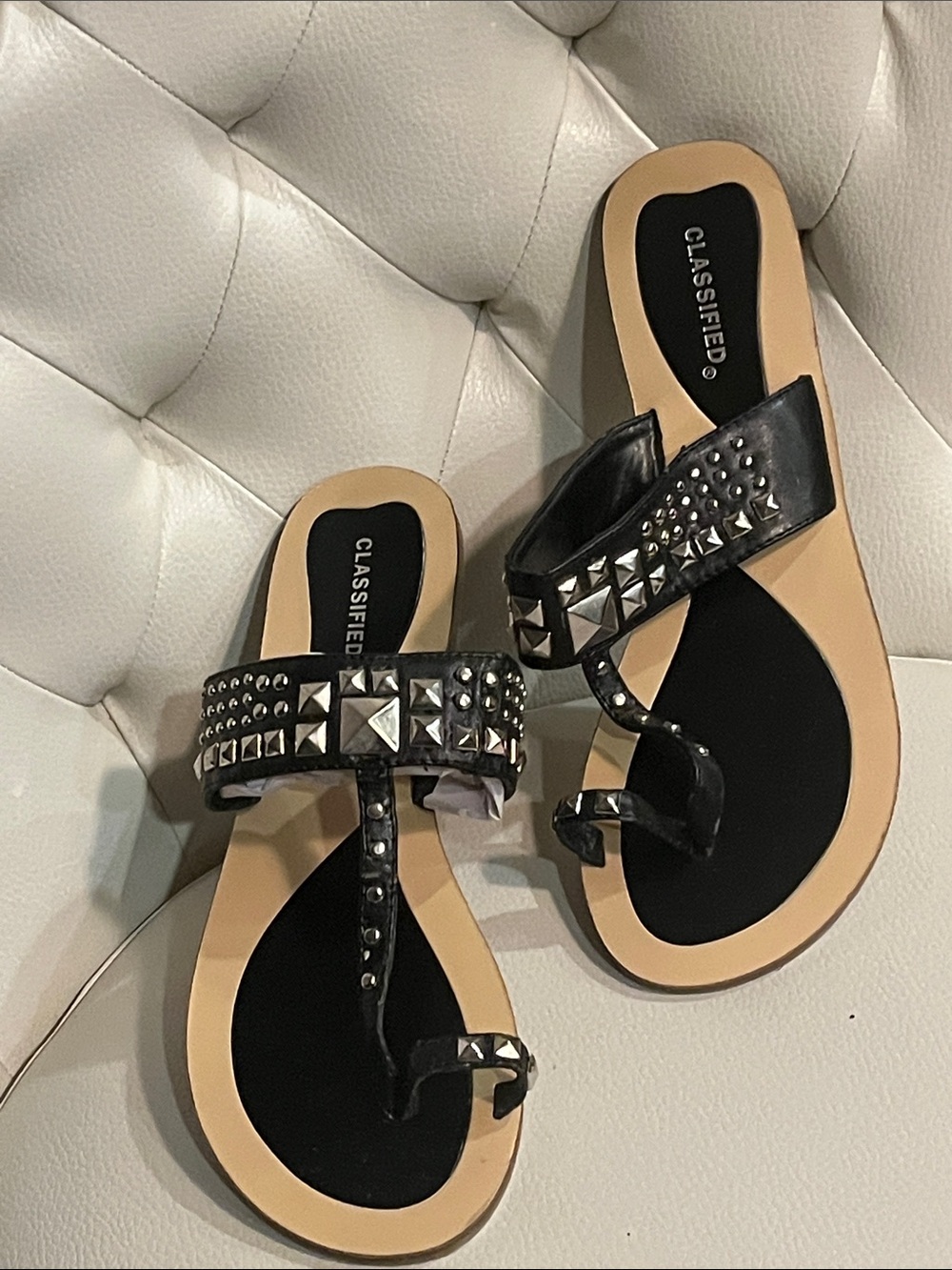 Classified Black Studded Toe-Ring Boho Sandals with Tan Footbed